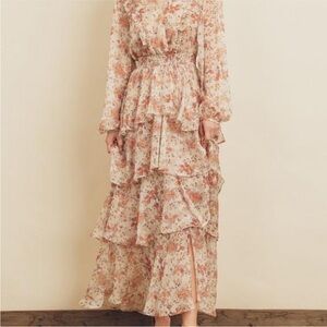 Dress Forum Cream Brown Floral Ruffle Tiered Maxi Dress Long Sleeve Medium